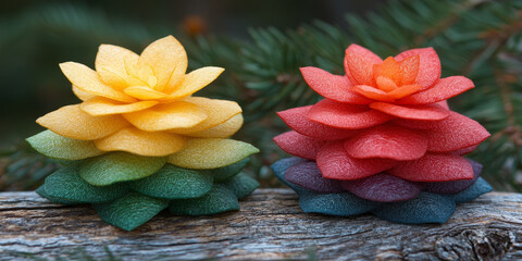  Colorful Decorative Flower Stacks on Natural Wood