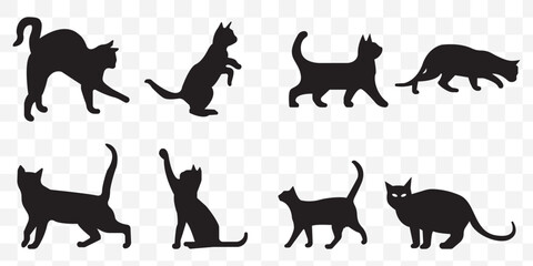 Set of silhouette cats in different poses. Isolated black cat on Transparent background. Vector illustration of elements for design decoration.cat vector silhouettes. EPS 10.