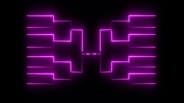 glowing neon or outline championship single elimination tournament bracket or tree diagram isolated on neon .purple color neon line and black background .