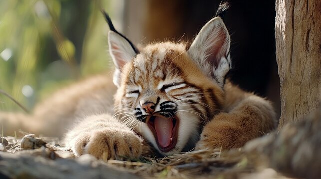 Adorable yawning lynx kitten wildlife photography