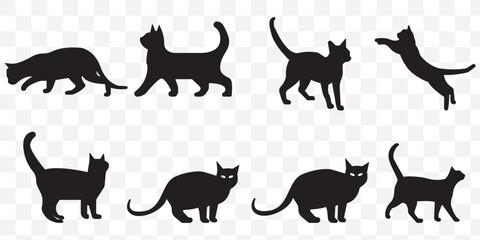 Set of silhouette cats in different poses. Isolated black cat on Transparent background. Vector illustration of elements for design decoration.cat vector silhouettes. EPS 10.