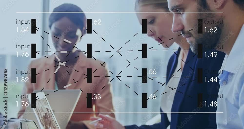 Aufkleber professionals collaborating around table in office, overlaying neural network bars and data values