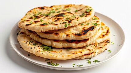 Top down view of freshly baked Indian naan bread stacked white plate over clean white background Traditional tandoori flatbread India golden brown texture herbs cut out isolated transparent background