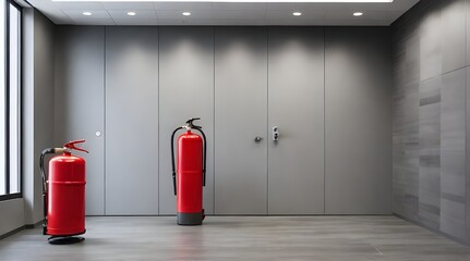 red fire extinguisher mounted on wall with word EXTINGUISH nearby.generative.ai