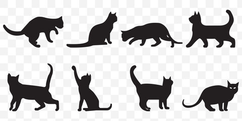 Set of silhouette cats in different poses. Isolated black cat on Transparent background. Vector illustration of elements for design decoration.cat vector silhouettes. EPS 10.