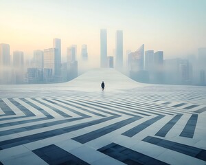Alone figure stands before a misty cityscape, leading lines draw the eye