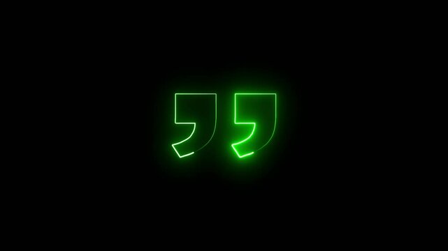 glowing neon Quotation mark up icon .concept of colorful text template .green color neon Quotation mark and black background .