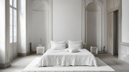 Gentle neutral tones bring warmth to a minimalist bed with one cushion perfectly aligned on crisp linens