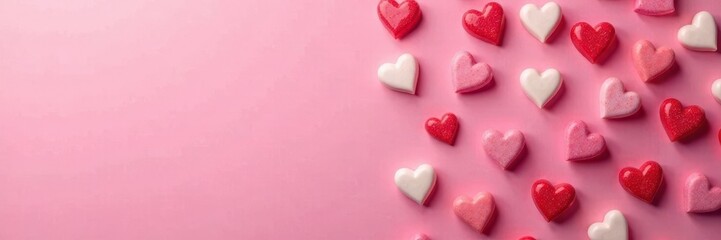 Fototapeta premium Pink background, assorted heart candies, various colors , sugar, delicious