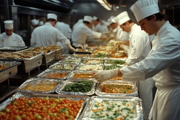 Obraz premium Chefs prepare food in foil trays in a commercial kitchen setting. Illustrates large scale catering or the cruise industry food service.