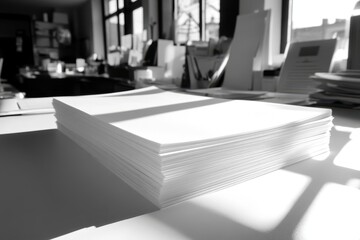 Stacked white papers illuminated by office daylight.