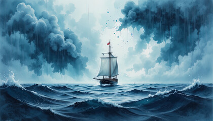 Fototapeta premium A solitary sailing vessel confronts a dark, stormy seascape, expressing a sense of isolation and drama.