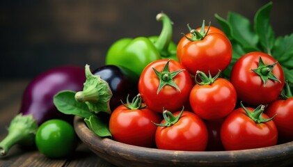 Vibrant red tomatoes, green peppers, purple eggplant, food, still life, background