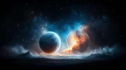 Fototapeta premium Two planets in a vast, starlit galaxy, bathed in ethereal light