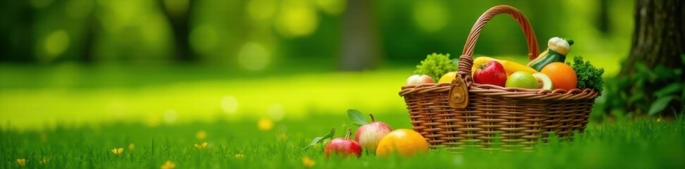 Wicker picnic basket overflowing with food, nestled in lush green grass , nature, field