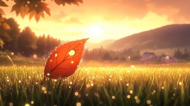 Vibrant close-up of a dewy leaf from a rice field bathed in the soft gold of morning mist