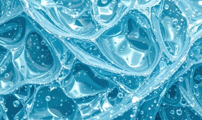 Abstract close-up of fluid bubbles submerged in clear blue water with reflections and highlights