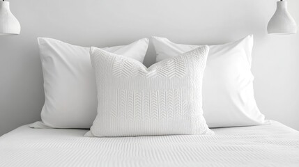 White-on-white design with one accent cushion placed in harmony on a bed in a soft, minimal room