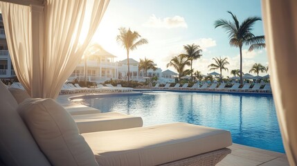 Fototapeta premium Afternoon sun hits cream-colored cabana cushions while white curtains flutter beside a serene pool
