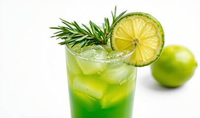 Fototapeta premium Refreshing Green Citrus Drink Garnished with Lime and Rosemary on a Bright Background