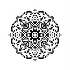 Abstract floral ornament with a circular flower design, featuring nature-inspired elements like leaves, sun, and plants in a colorful, vector illustration style