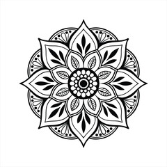 Abstract floral ornament with a circular flower design, featuring nature-inspired elements like leaves, sun, and plants in a colorful, vector illustration style