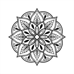 Abstract floral ornament with a circular flower design, featuring nature-inspired elements like leaves, sun, and plants in a colorful, vector illustration style