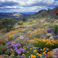 Colorful wildflowers blanket a mountaintop meadow under a dramatic sky.  A vibrant display of wildflowers in various hues of yellow, orange, purple, and white carpet 