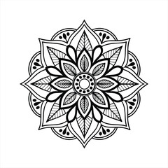 Abstract floral ornament with a circular flower design, featuring nature-inspired elements like leaves, sun, and plants in a colorful, vector illustration style