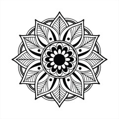 Abstract floral ornament with a circular flower design, featuring nature-inspired elements like leaves, sun, and plants in a colorful, vector illustration style