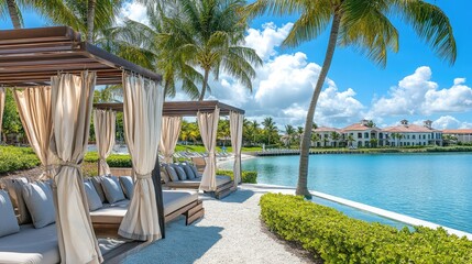 Fototapeta premium Calm resort scene with breeze-kissed curtains and plush cushions arranged inside sunny cabanas by the water