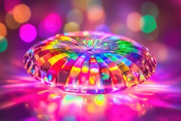 A vibrant, colorful crystal disc glows with rainbow light