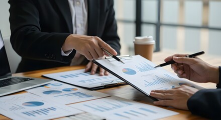 Reunión de personas de negocios para analizar, discutir y generar ideas sobre los datos del gráfico del informe financiero en la oficina. Trabajo en equipo del asesor financiero y concepto de contabil