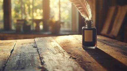 Vintage quill pen and inkwell on a rustic wooden table.