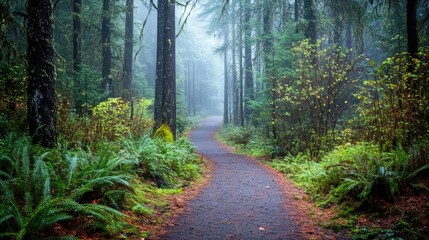 Fototapeta premium A foggy forest path, lined with ancient trees and surrounded by vibrant green ferns and moss.