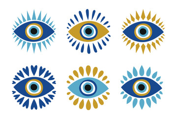 Evil eye, nazar icon collection. Protective amulet used in Mediterranean cultures such as T?rkiye, Pakistan and Greece. Vector illustration in blue and yellow tones.eps