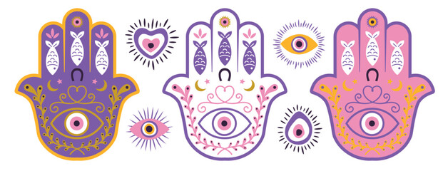 Hamsa set, hand of Fatima, soret and protection amulets set hand drawn. Exoteric and spiritual icons. For print, pattern, decoration. Vector illustration.eps