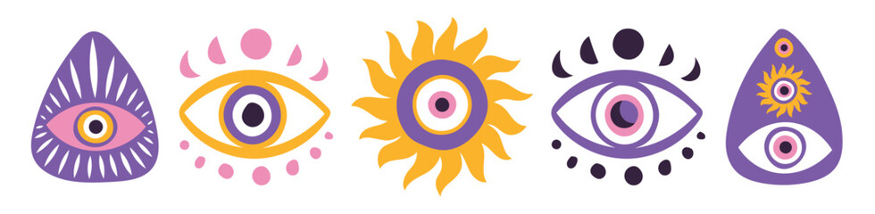 Set of evil eyes, nazar, hamsa. Esoteric protective icons with sun, moon and stars. Various shapes of talismans in shades of purple and pink. Boho style.eps