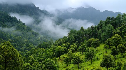 Misty mountain valley teeming with lush green forests