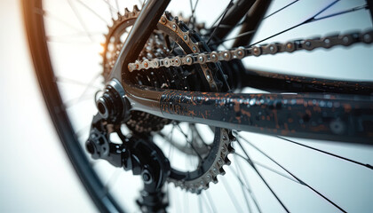 Obraz premium A detailed close-up of a bicycle's rear wheel, chain, and gears, showcasing the intricate mechanical components and the dark, textured frame.