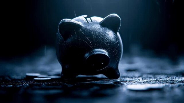 Black piggy bank surrounded by scattered coins in dim light