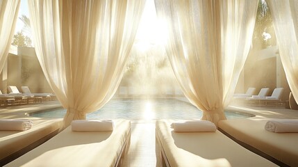 Soft, creamy cushions line an elegant cabana by the pool, sunlight dancing through drifting curtains