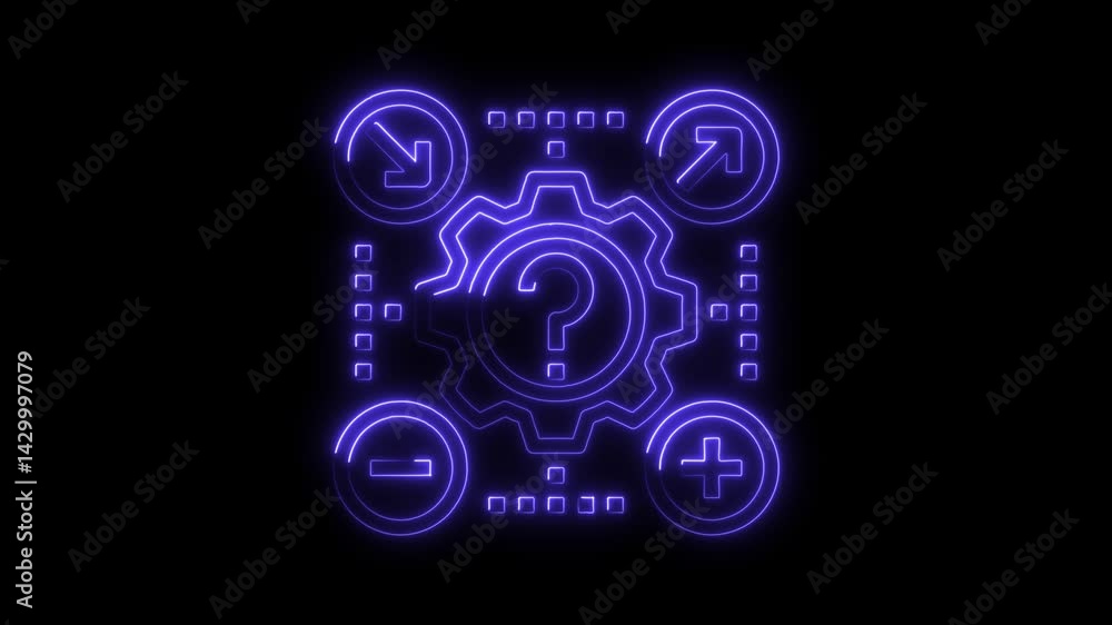 Poster glowing neon technical support and question mark design on black background