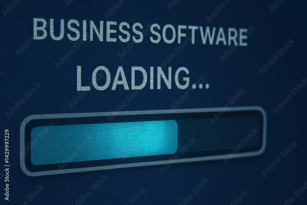 Poster loading business software can symbolize stagnation in economy as progress seems delayed