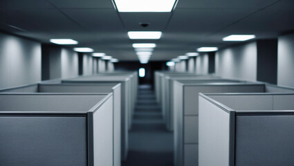 office space shows stagnation in economy with empty cubicles reflecting lack of activity and engagement