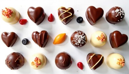 Fototapeta premium Assortment of gourmet chocolates against pure white, white chocolate, elegant