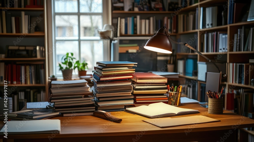 Poster books and folders arranged in a tidy stack on a scandinavian-style office desk