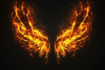 Two fiery stylized abstract wings are displayed on dark background