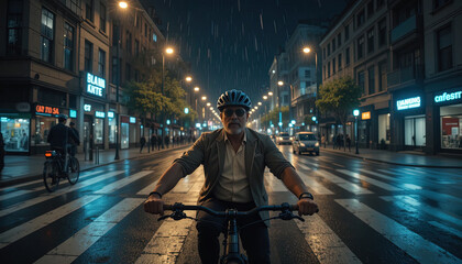 A mature man, wearing a helmet, rides a bicycle across a wet city street at night, in the midst of light rain; the focus is on the cyclist, in a contemporary urban setting.