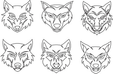Wolf head line vector icon set – sleek outline collection of wild animal symbols, fierce predator logos, minimalist canine illustrations, and mascot graphic design elements.
